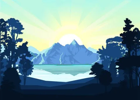 Mountain landscape. Mountain view through the forest. Silhouette. Lake, sea bay Stock Illustration