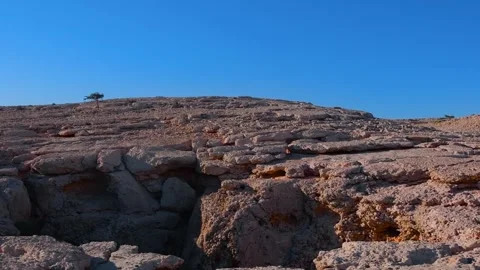 Mountain landscape in Oman with a lone tree on the horizon under a clear blue sk Stock Footage 318648910