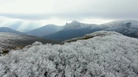 A mountain landscape from the perspective of forests covered with frost under a Stock Footage 150583551