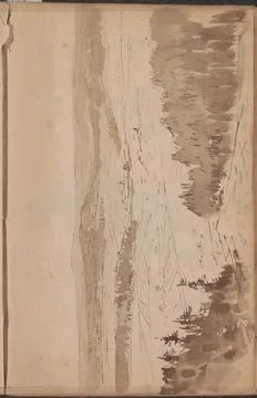 Mountain landscape with pine trees. Leaf 30 Recto from a sketchbook with 4... Stock Photos