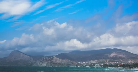 Mountain landscape in the resort with clouds over the city in Crimea Stock Footage 117477468
