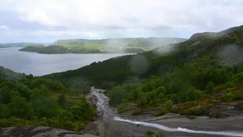 Mountain landscape with river and lake in Norway during cloudy weather Stock Footage 340212872