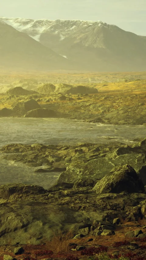 Mountain landscape with river and rocks in the background during sunrise Stock Footage 336578127