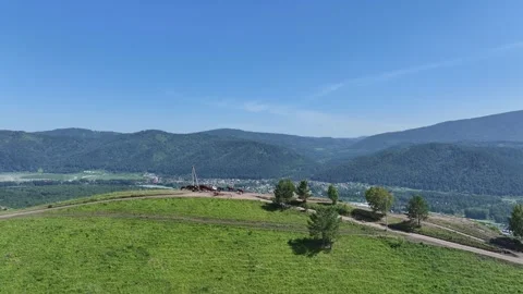 Mountain landscape river horses summer shot with drone Stock Footage 259698551