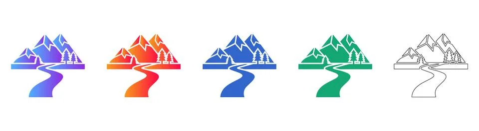 Mountain Landscape River Vector Icon Set Stock Illustration