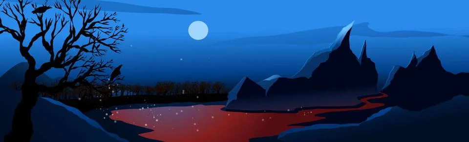 Mountain landscape, shining moon over night mountain lake - Vector Mountai... Stock Photos