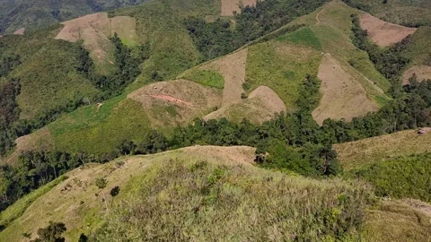 Mountain landscape showing patchwork farmland and cleared hills Stock Footage 327250848