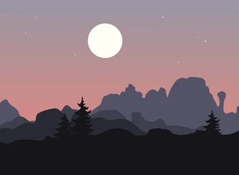 Mountain landscape with single trees under a purple night or evening sky with Stock Illustration