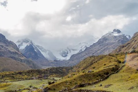 Mountain landscape, snowy Sacsarayoc, Vilcabamba mountain range, South America. Stock Photos