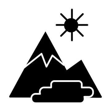 Mountain landscape solid icon. Mountains, sun and lake vector illustration 스톡 일러스트