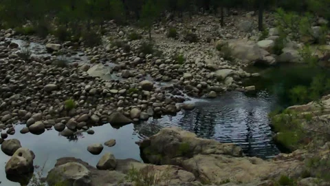 Mountain landscape with a stream flowing into a small lake, Corsica Stock Footage 326411561