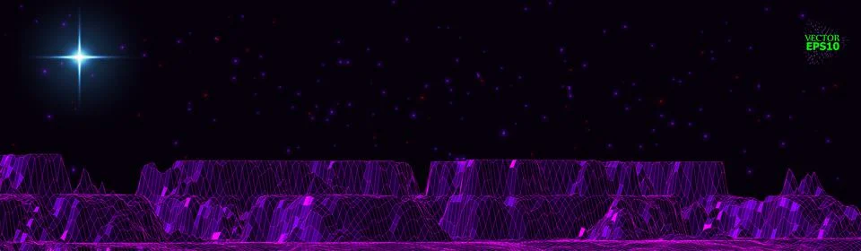 Mountain landscape in the style of wire-frame. The cosmic landscape of anothe Stock Illustration