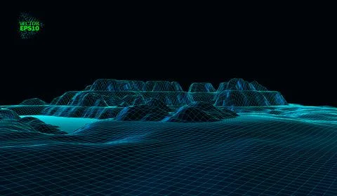 Mountain landscape in the style of wire-frame. The cosmic landscape of anothe Stock Illustration