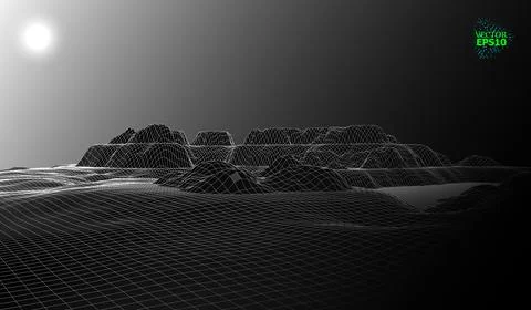Mountain landscape in the style of wire-frame. The cosmic landscape of anothe Stock Illustration