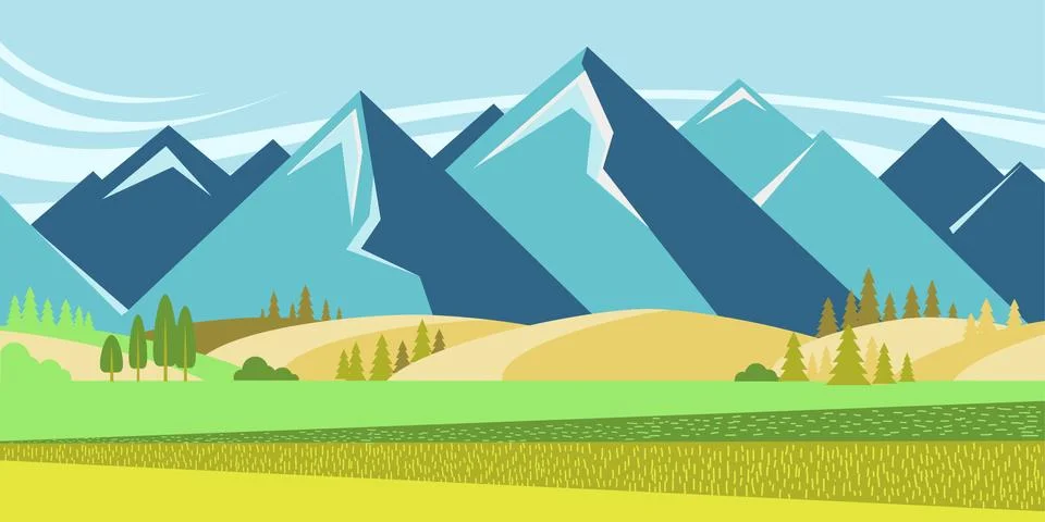 Mountain landscape with summer fields Stock Illustration