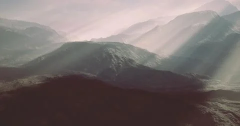 Mountain landscape with sunlight filtering through clouds in a serene setting 库存插图