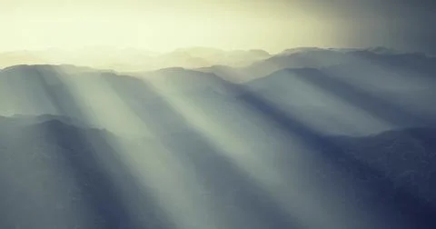 Mountain landscape with sunlight rays piercing through misty atmosphere Stock Illustration