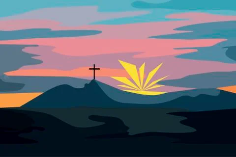 Mountain landscape at sunset with a cross Stock Illustration