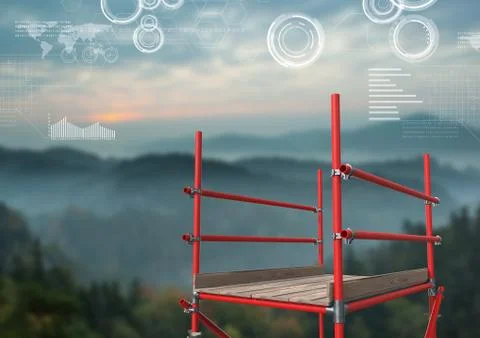 Mountain landscape with technology interface and 3D Scaffolding 스톡 사진