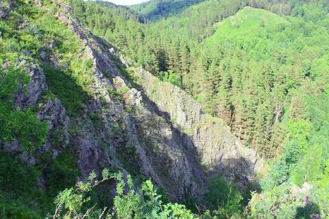 Mountain landscape through the foliage of trees. Breathtaking panoramic view Stock Photos
