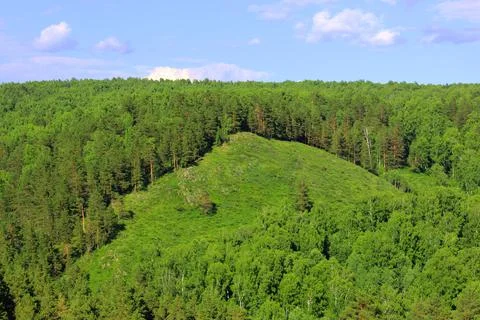 Mountain landscape through the foliage of trees. Breathtaking panoramic view Stock Photos