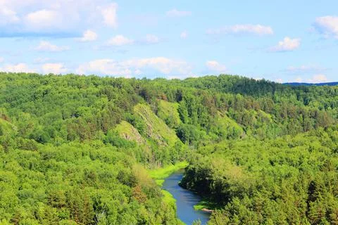 Mountain landscape through the foliage of trees. Breathtaking panoramic view Stock Photos