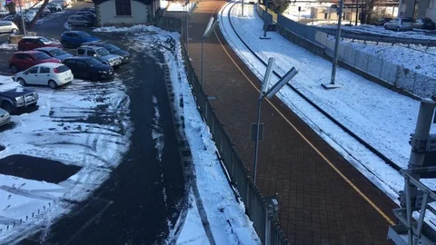 Mountain landscape with train station in the snow Stock Footage 101514600