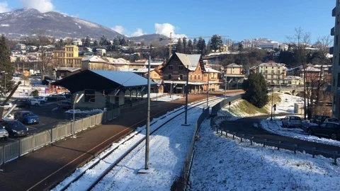 Mountain landscape with train station in the snow Stock Footage 101514659