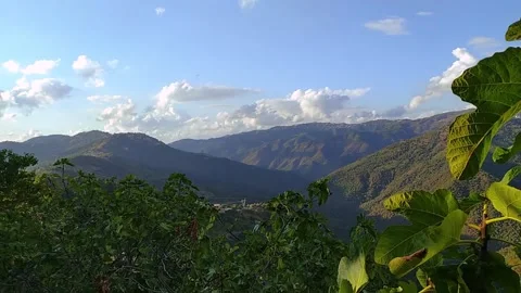 Mountain landscape with tree leafs in forground panoramic shot Stock Footage 266398830
