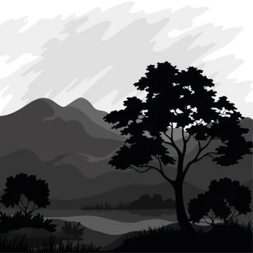 Mountain landscape with tree, silhouettes Stock Illustration
