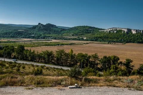 Mountain landscape, the valley of ghosts, grass, rocks, Crimea Trekking Stock Photos