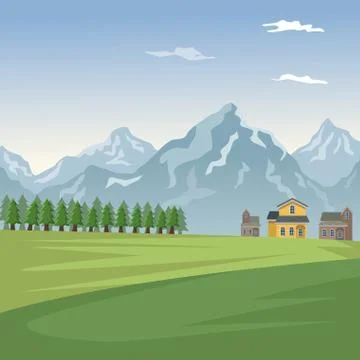 Mountain landscape valley poster with forest and facades houses Ilustración de archivo