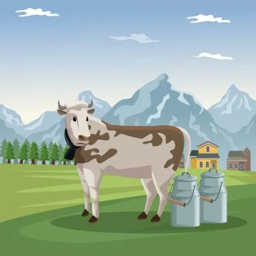 Mountain landscape valley poster with forest and facades houses and closeup cow Ilustración de archivo