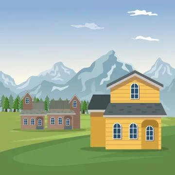 Mountain landscape valley poster with forest and closeup facades houses Ilustración de archivo