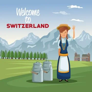 Mountain landscape valley poster with traditional woman with metal jars with Ilustração Stock