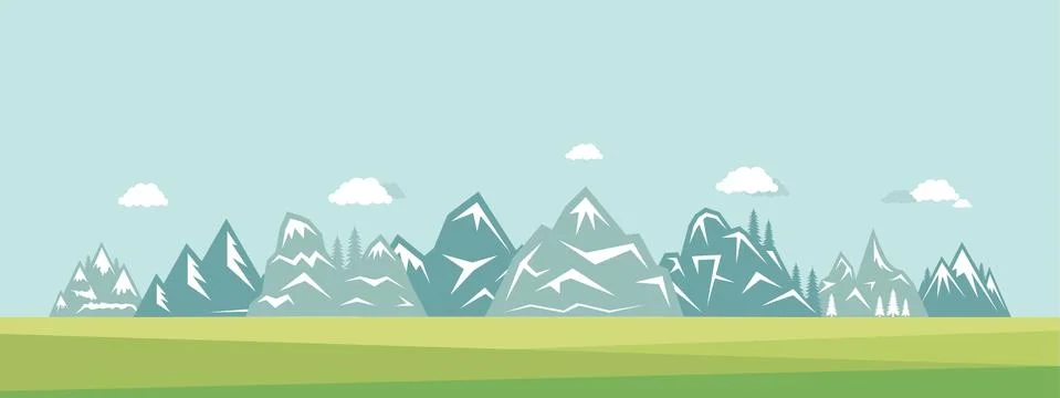 Mountain landscape vector flat illustration. Nature, clouds, grass and mountains Stock Illustration