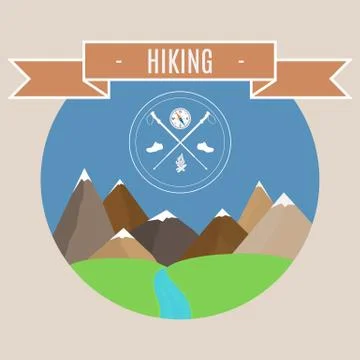 Mountain landscape. Vector illustration. Mountain peaks with emblem of hiking イラスト素材