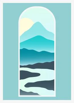 Mountain landscape view gradient illustration poster. Bright vibrant colors Stock Illustration