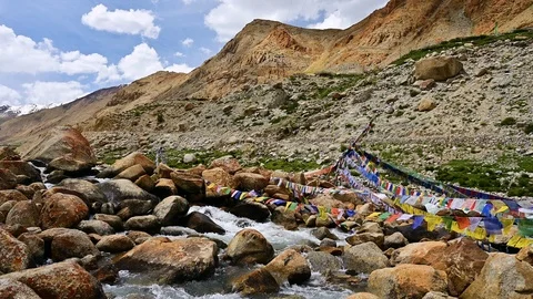 Mountain landscape view on Himalaya range with prayer flag Stock Footage 113587141
