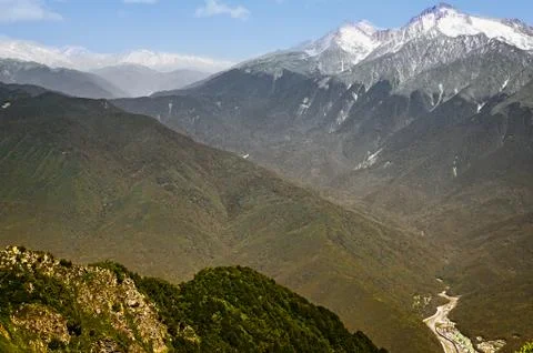 Mountain landscape with views of the ski complex. Stock Photos