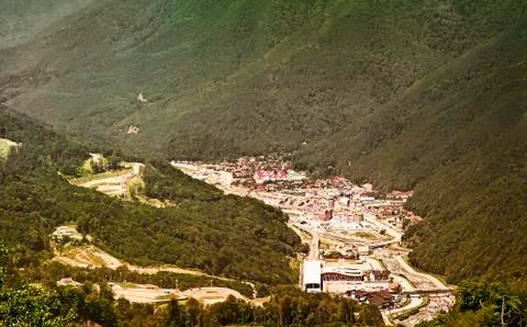 Mountain landscape with views of the ski complex. Stock Photos