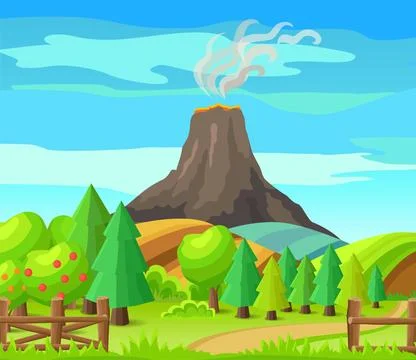 Mountain landscape with volcanic view. Beautiful scenery of erupting rock Illustrazione stock