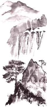 Mountain landscape with waterfall and pine trees in chinese style ink drawing Stock Illustration