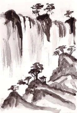 Mountain landscape with waterfall and pine trees in chinese style ink drawing Stock Illustration