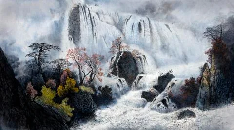 Mountain landscape with waterfalls Stock Illustration