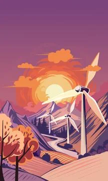 Mountain landscape with wind turbines, vector illustration Stock Illustration