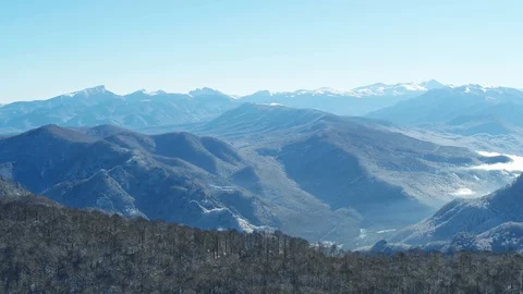 Mountain landscape on a winter day, view of a snowy forest from a height, Adygea Video stock 116787671