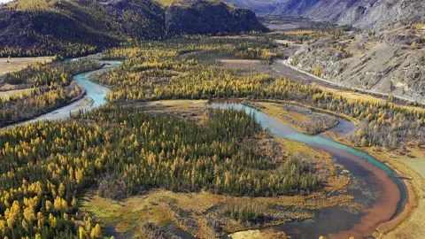 Mountain landscapes overlooking a mountain river. Stock Footage 220034345