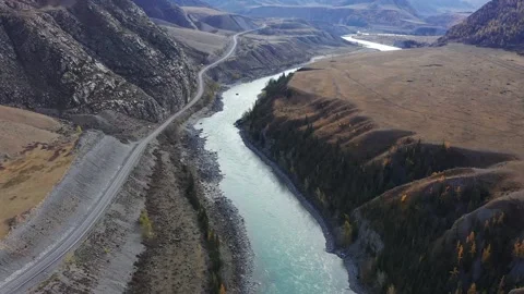 Mountain landscapes overlooking a mountain river. Stock Footage 220034556