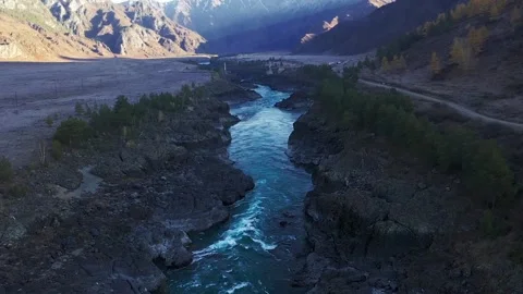 Mountain landscapes overlooking a mountain river. Stock Footage 220034633